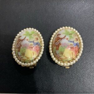 Vintage Pearl-Accented Porcelain Clip-On Earrings